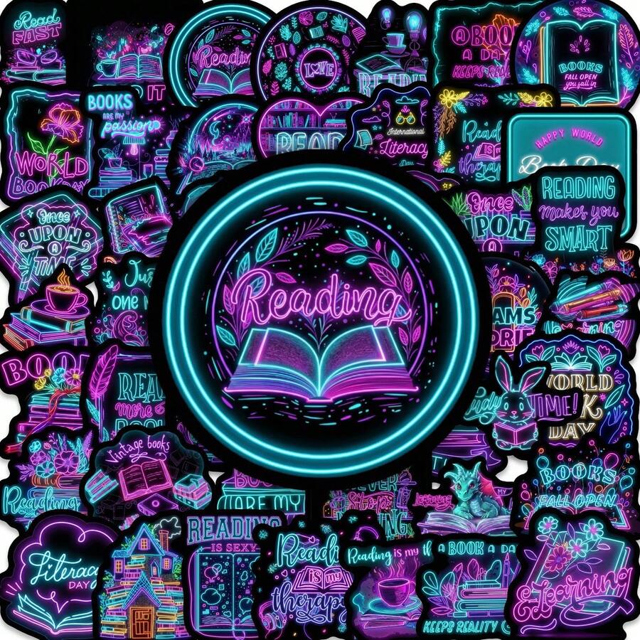 50pcs Cyberpunk Neon Bookworm Stickers, Waterproof And Durable - Cyber-style Neon Book Stickers, 50 Sheets, Waterproof - View 1