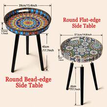 Round Side Table With Tray Top, Bohemian Print, Moroccan Style, Multi-Functional Outdoor Tray Table For Coffee-Tea-Snacks, Base Drink Table, Aesthetic Decorative Nightstand For Living Room, Bedroom, Corner, Home Bedside Coffee Table/Side Table - A - View 6