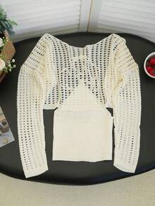 Y2K Pure Desire Spaghetti Strap Strap Top + Hollow Out Cropped Knit Cardigan 2 Pieces Set, Date Store Visit Afternoon Tea Commute Daily Layering Fall - Apricot - View 8