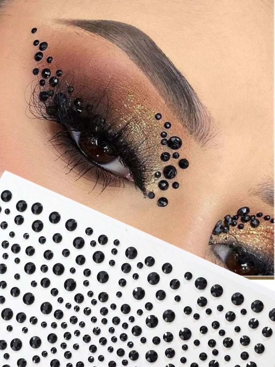 1pc European & American Style Face Decor Rhinestones With Self-Adhesive Backing, Black Shiny Assorted Sizes, Face Gems For Eyebrows, Cheeks, Body, Nails Decoration - Black - View 1