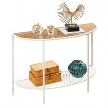 SAYGOER - Mesa de consola estrecha de 2 niveles con estantes de almacenamiento sofá de media luna mesa de entrada pequeña para salón recámara pasillo oficina fácil montaje color - Roble - Ver 2