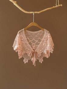 1PC Sheer Lace Flapper Shawl Elegant Vintage Sparkly Beaded Sequin Cape Boho Evening Women's Dress Outerwear Shawl - 黑金色 - 查看 8