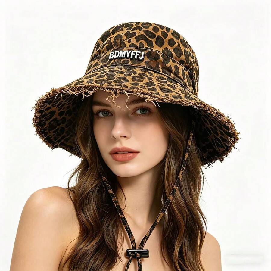 Sombrero de cubo con estampado de leopardo al estilo coreano, sombrero de ala pequeña versátil para mujer, de primavera/verano, de protección solar delgada - sombrero de pescador - Ver 1
