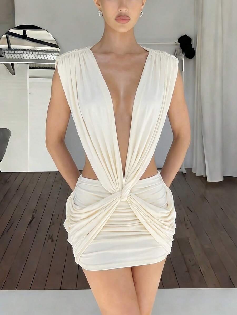 DOUCIU Cream Ruched Plunge Neck Bodycon Dress, Sexy Party Outfit - Apricot - View 1