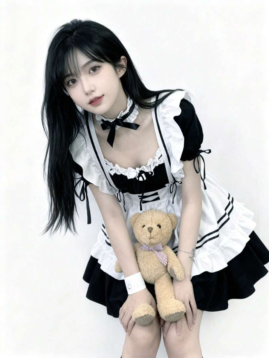 一套可爱日系萝莉女仆装，日常穿着围裙连衣裙，动漫角色扮演服装，适合舞台表演、化装舞会、酒吧派对、俱乐部、服装派对角色扮演，黑色春季款