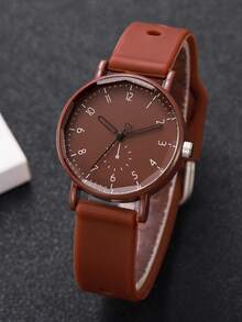 1pc Women's Silicone Watch, Fashion Casual Single-Eye Digital Scale Dial, Classic Quartz Wristwatch - Brown - View 6