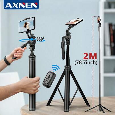 AXNEN 78.74 Inch (2m) Selfie Stick Tripod, Multi-Functional Extendable Phone Tripod, Foldable Travel Monopod With Wireless Remote, Compatible With IOS And Android Phones, Suitable For Action Camera Video Recording, Vlogging, Live Streaming, Aluminum Alloy Material