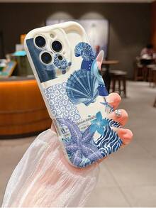 1 pezzo Custodia per telefono alla moda e personalizzata con motivi a righe, stelle marine, fiori e tartarughe marine, in materiale TPU ondulato color crema, adatta come regalo per le vacanze, compatibile con Apple XS/XS Max/XR/11/12/13/14/15/15 Pro/16 Pro/16 Pro Max/16 Plus/17 Series e altri modelli - Multicolore - Visualizzare 2