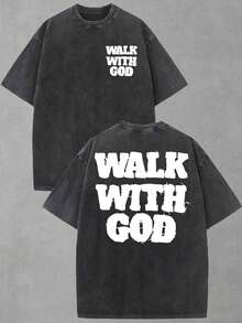 Summer Tops(230g T-Shirt) Washed Cotton "Jesus Over Everything" Religious Graphic Tee, Oversized Casual Crewneck Short Sleeve T-Shirt, Retro Soft Brea - Black 2 - 查看 1