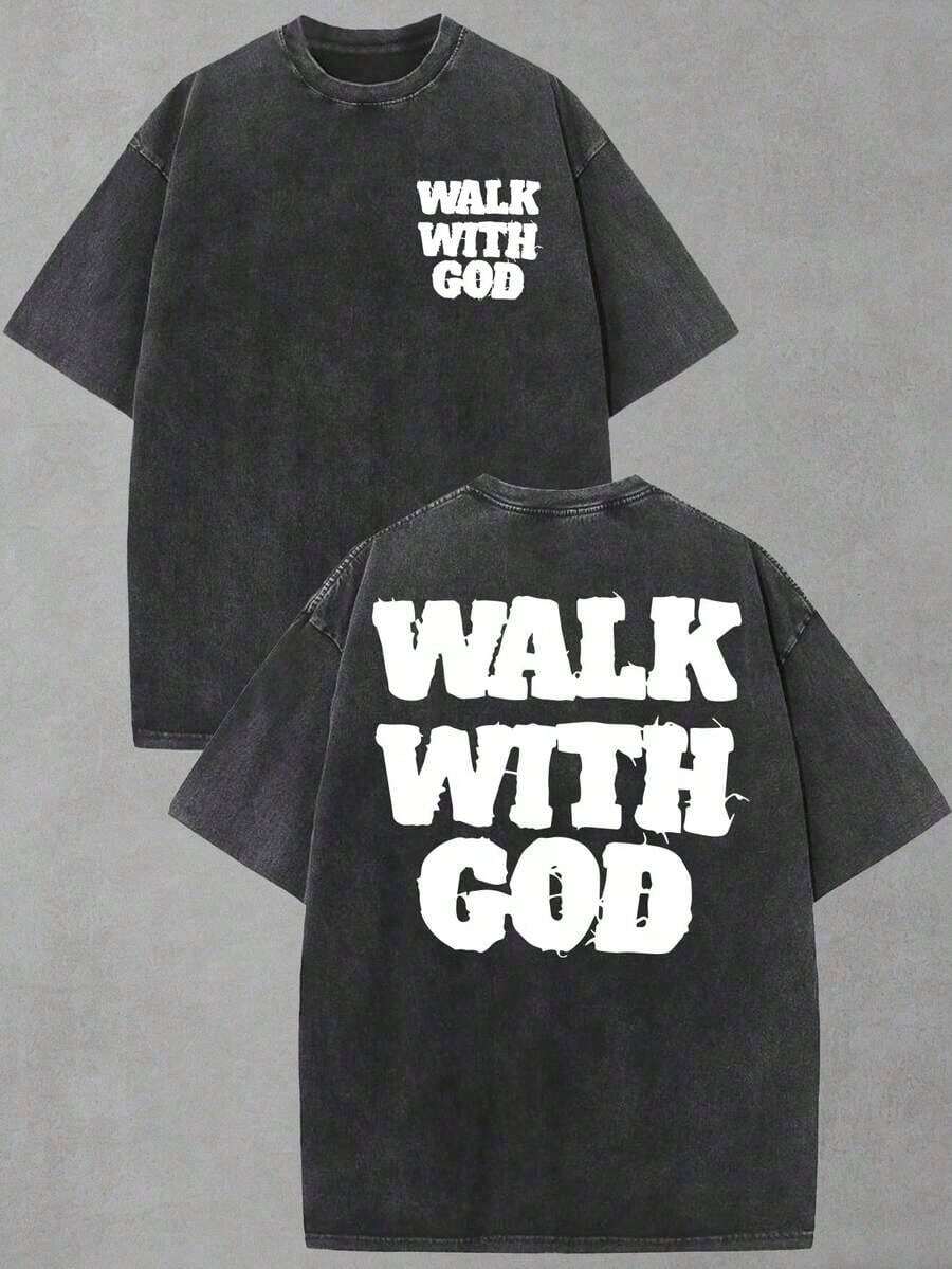 Summer Tops(230g T-Shirt) Washed Cotton "Jesus Over Everything" Religious Graphic Tee, Oversized Casual Crewneck Short Sleeve T-Shirt, Retro Soft Brea - Black 2 - 查看 1