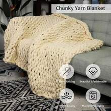 Gugxiom 127 * 152cm Manta de Punto Grueso de Punto Grueso para Sofá Manta Pesada Cómodo y Transpirable Chenille Mantas para sofá Cama - Crema de Mantequilla - Ver 3