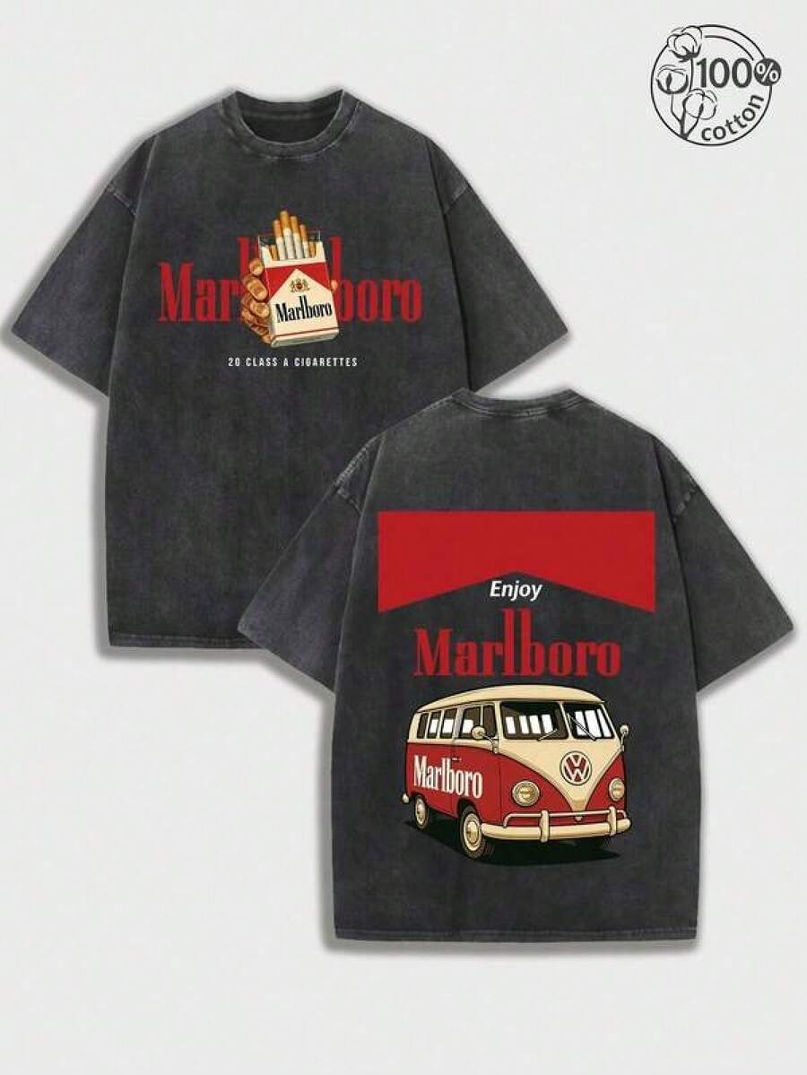 MarlboroRetro Washed T-Shirt, Summer Casual Men's T-Shirt, American Street Style Y2K Retro Bus Cigarette Print, Comfortable And Soft Fabric, Washable, Suitable For Everyday Wear, Outdoor Activiti - màu đen - Xem 1