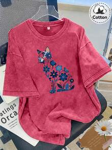 Summer Tops 2026 Y2K, Cool, Outdoor Sports, Modern Street Style, Oversized Washed 230g Fashion Pure Cotton Vintage Washed Women's T-Shirt, Fresh And Artistic Style, Blue Floral Cat Illustration Print, Washed Distressed Pure Cotton, Cat Lover's Daily Casual Short-Sleeve Summer Clothes - 黑色 - 查看 8