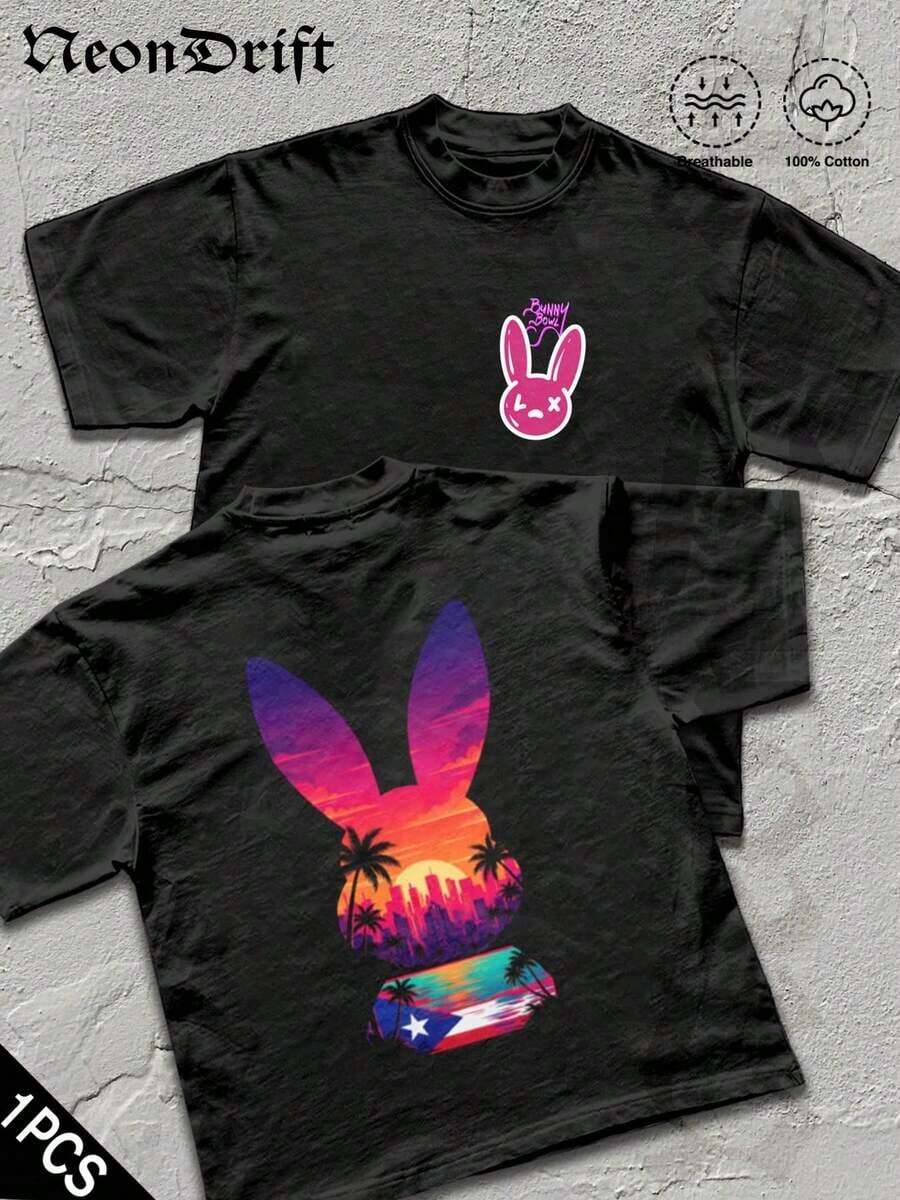 NeonDrift Double-Sided Printing NeonDrift Men's T-Shirt Men's Short-Sleeve T-Shirt100% Cotton Fabric Soft & Skin-Friendly Unisex Style Gifts For Spring Festival, Valentine's Day, St. Patrick's Day & World Cup--Neon Bunny Sunset Print Men T Shirt Vibrant Tropical Design With Puerto Rico Flag Artwork Casual Streetwear For Summer Vibes And Music Festivals Breathable 100 Cotton Comfortable Fit - 黑色 - 查看 1