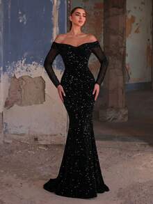 Faeriesty Elegant Open Shoulder Sequin Decor Sheer Sleeve Mermaid Evening Gown - Fall Wedding Party Black - Black - View 6
