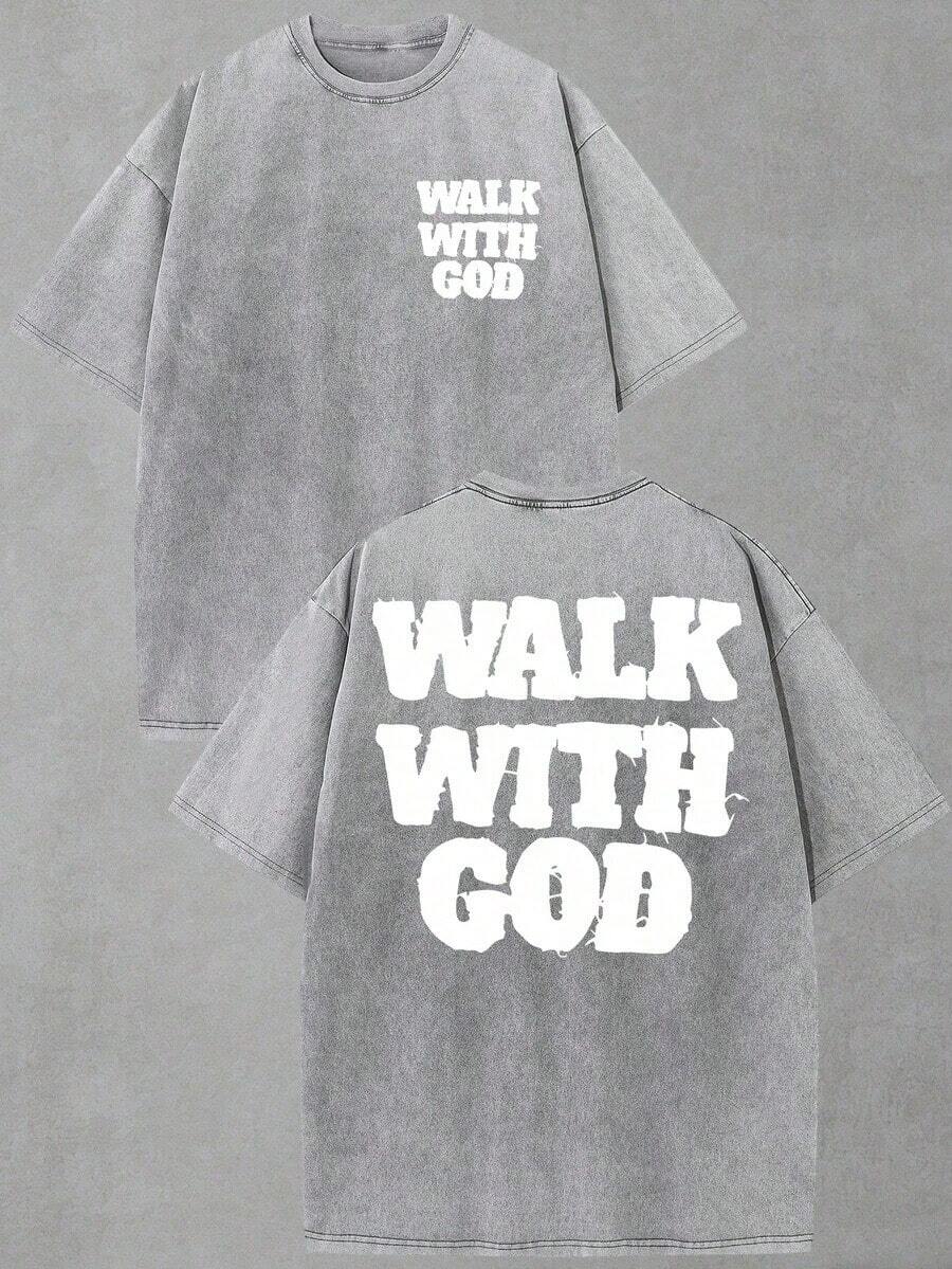 Summer Tops(230g T-Shirt) Washed Cotton "Jesus Over Everything" Religious Graphic Tee, Oversized Casual Crewneck Short Sleeve T-Shirt, Retro Soft Brea - 灰色 2 - 查看 1