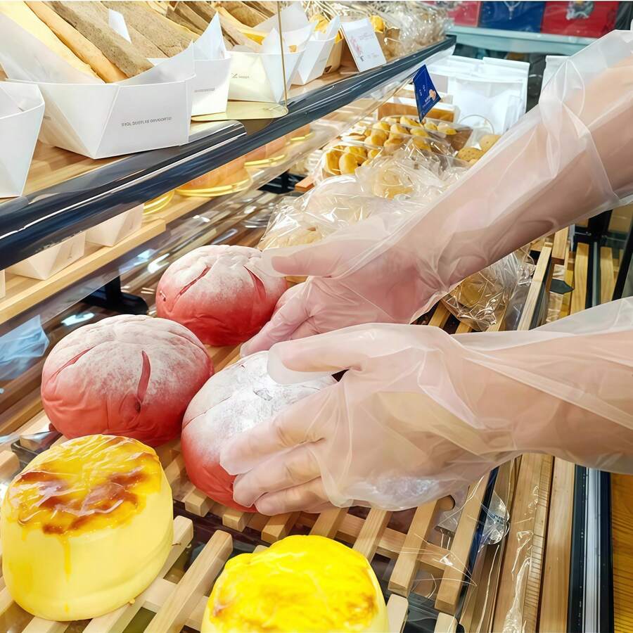 100 Packs One Size Fits All Long Disposable Plastic Gloves, Waterproof & Slip Resistant Extended Cleaning Gloves, TPE Material Household Hand Protection Gloves, Minimalist Practical Style, Transparent Clear Color, Full Long Sleeve Shape, Oil Resistant, Non-Penetration, For Kitchen Dishwashing, Food Prep, Fruits Washing, House Cleaning - A - View 1