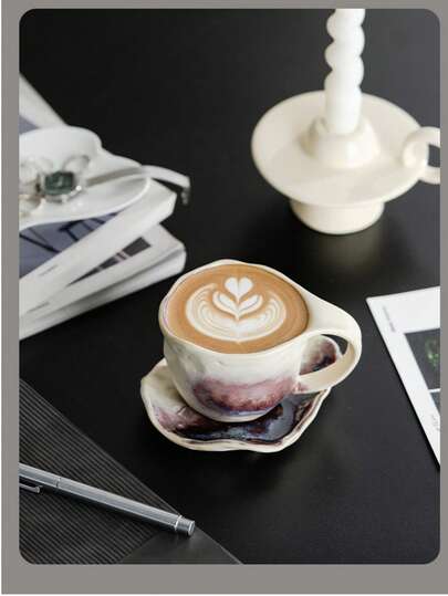 1pc Vintage Ceramic Reactive Glaze Coffee Cup & Saucer Set, 175ml Latte Cup, Household Mug, Breakfast Coffee Cup Gift, Suitable For Hotel, Office And Home, Applicable For Easter, Christmas, Birthday Party, Back To School Season. Reusable, Fit For Home And Office