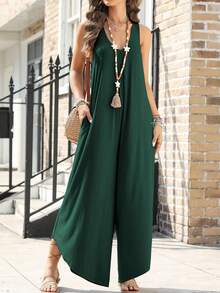 Women's Sleeveless V-Neck Pleated Wide Leg Jumpsuit With Pockets Elegant Summer - Dark Green - View 5