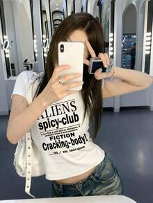 Áo thun nữ cổ tròn tay ngắn kiểu American Hot Girl, áo croptop thời trang mùa hè in chữ, đa năng, ôm sát. - trắng - Xem 2