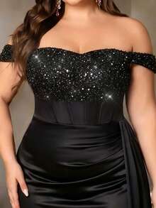 露肩亮片连衣裙，黑色缎面鱼尾长裙，褶皱腰身晚礼服，性感派对宴会礼服，欧美风格修身正式礼服 - 黑色 - 查看 5