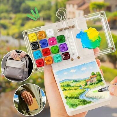 Bộ 3 màu nước mini cầm tay, bộ pha màu nước du lịch, bộ màu nước bỏ túi, bìa đựng giấy rời, sổ phác thảo, kèm hộp màu kẻ ô 15 màu, quà tặng cho bạn bè họa sĩ, không bao gồm màu vẽ.