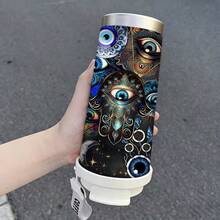 1个/5个装，500毫升波西米亚风哈姆萨之手造型保温水瓶，饰有神秘之眼图案，配有吸管和挂绳。采用防漏双层壁结构。这款实用日常水杯也是波西米亚风格爱好者的理想礼物，灵感源自异域美学，兼具时尚与实用性。 - 多色-波西米亞風邪眼 - 查看 2