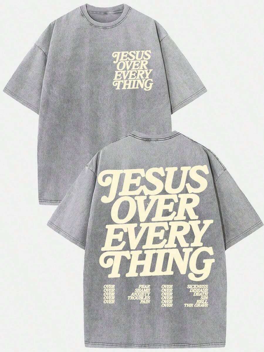 Summer Tops(230g T-Shirt) Washed Cotton "Jesus Over Everything" Religious Graphic Tee, Oversized Casual Crewneck Short Sleeve T-Shirt, Retro Soft Brea - 灰色 - 查看 1