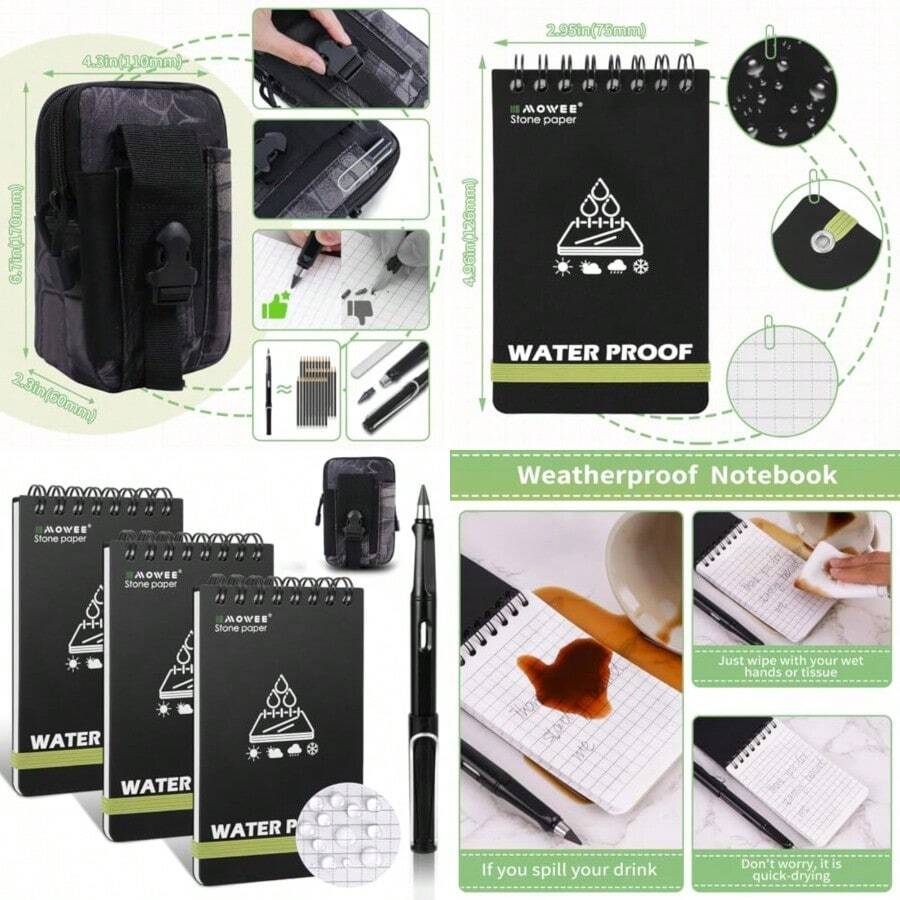 MOWEE Waterproof Notebook set of 5 3 x 5 Stone Paper Pocket Notepads Portable All Weather Notebooks for Indoor and Field Police Notepad w/3pcs Small Spiral Note book Pen and Storage Bag 5pcs Black - como en la imagen - Ver 1