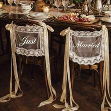 一套新郎新娘/新婚夫妇婚礼椅背装饰牌 - 优雅蕾丝椅背装饰，配白色缎带，浪漫户外婚礼仪式椅背装饰带，乡村花园春夏婚礼装饰，新婚桌装饰，婚礼派对装饰 - 查看 12