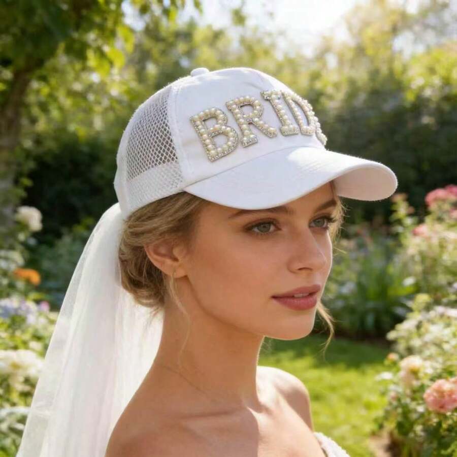 1pc Bride To Be Hat With Veil, White BRIDE Letter Baseball Cap, Bachelorette Party & Beach Wedding Tulle Veil Hat, Bridal Shower & Engagement Gift - View 1