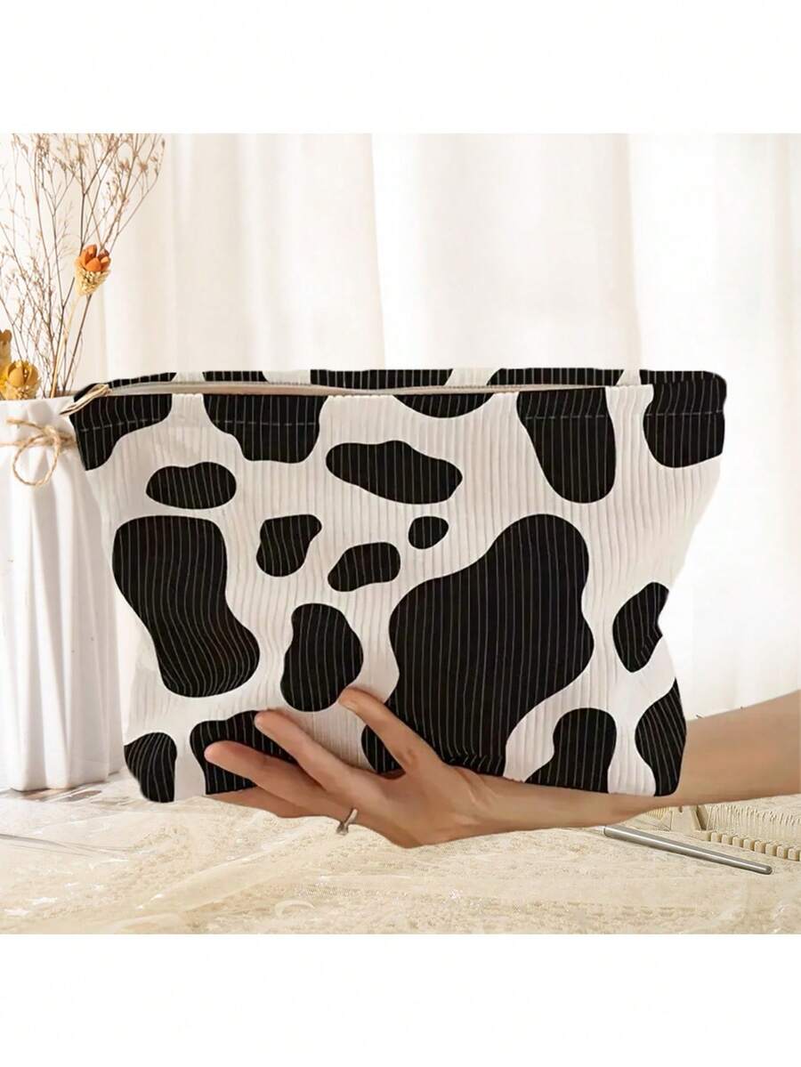复古黑白奶牛图案大容量灯芯绒拉链收纳袋,化妆包,洗漱包,女士手提包 - 彩色 - 查看 1
