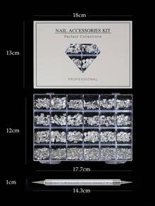 24pcs Rhinestone, Bow, Pentagram, Cat Eye, Heart Shaped Nail Art Decorations Set, Includes Pickup Pen, 3D Nail Decals For Daily Decoration And Travel Use Nails - Clear - View 7