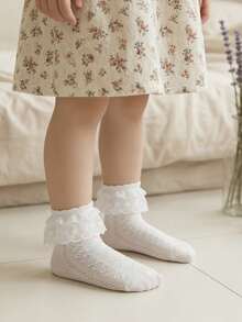6 Pairs Children Cotton Lace Trim Princess Double Layer Floral Dance Ankle Socks - White - View 2