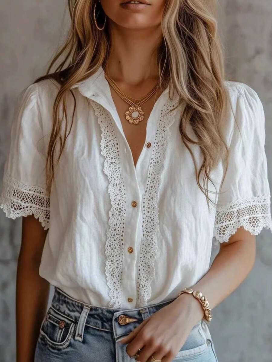 Summer Women's Lace Spliced Shirt, Machine Washable, Fresh And Sweet Everyday Blouse - trắng - Xem 1