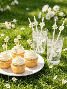 Palillos desechables de bambú con flores de margarita y pajitas de papel con flores de margarita, adecuados para fiestas de cumpleaños infantiles, bodas, baby showers, decoración de fiestas de revelación de género - Multicolor - Ver 8