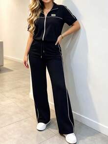 女士休闲时尚通勤套装，舒适宽松条纹短袖外套+条纹直筒裤两件套，黑色 - 黑色 - 查看 5