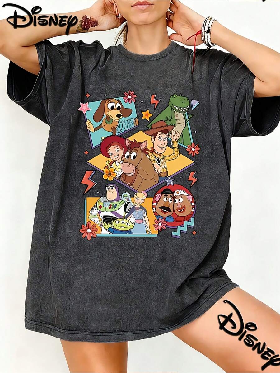 Disney Toy Story Character Patchwork With Star Flower Decoration Fun Cartoon Print Oversized Vintage T Shirt Street Style 2026 Spring Summer Retro Fashion Lovers Popular Vintage Crew Neck T Shirt - 黑色 - 查看 1