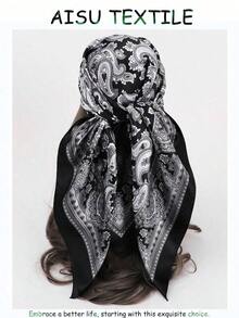 1pc 90CM Paisley Printed Ladies Bandana Simulated Silk Headband Women Bandana Top,Large Size Square Scarf,Hair Band,Head Band Ideal For Dressing Up Your Look - màu đen - Xem 1