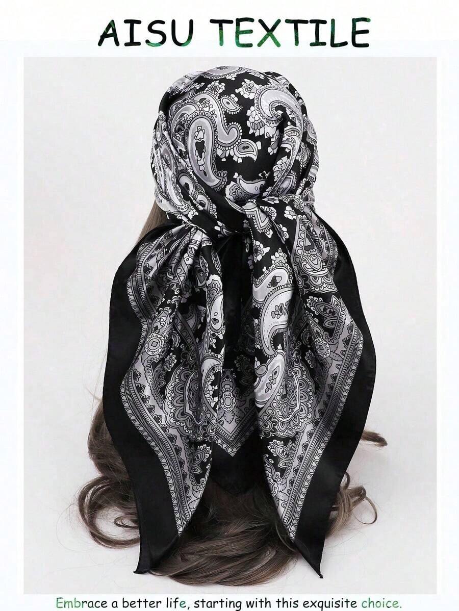 1pc 90CM Paisley Printed Ladies Bandana Simulated Silk Headband Women Bandana Top,Large Size Square Scarf,Hair Band,Head Band Ideal For Dressing Up Your Look - màu đen - Xem 1