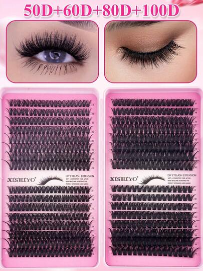 640/592 Eyelash Extension Kit 10D+20D+30D+40D/50D+60D+80D+100D High Capacity Eyelash Set, Thick D Curl Individual Lashes, Mini Travel Portable Lash Set, Includes DIY Eyelash Cluster, Lash Cluster, Individual Lashes, False Eyelashes