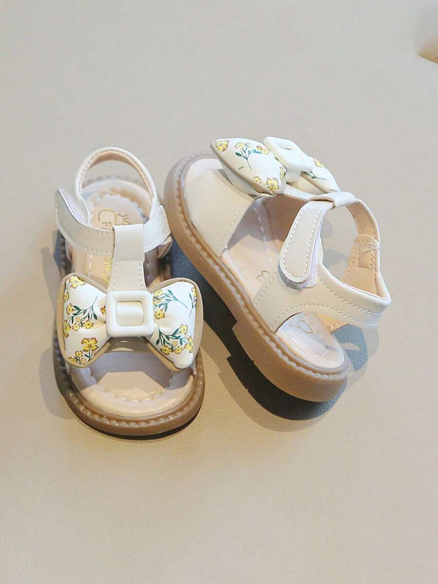 1 Pair Girls' Summer Breathable Sandals, Easy Hook And Loop Fastening, Soft Non-Slip Toddler Shoes, Floral Bow Princess Shoes - Beige - View 1