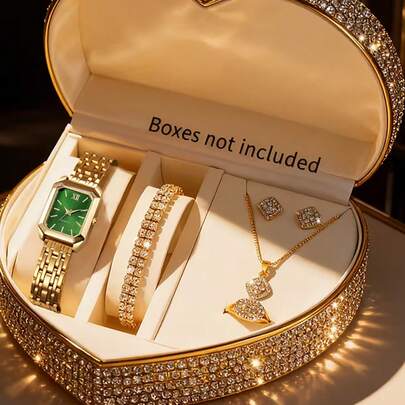 6pcs Teenage Simulation Wristwatch Set, Gold Strap Luxurious Style, Green Dial, Stainless Steel Scaled Quartz Watch With Hollow Gold Necklace, Bracelet, Ring, Earrings Jewelry Set, Rectangular Case, Best Birthday Gift For Her, Suitable For Daily, Party, Valentine's Day