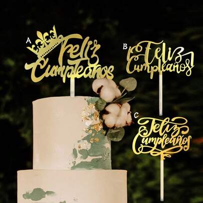 3 piezas/1 pieza Decoración de tarta de cumpleaños de acrílico dorado, "Feliz Cumpleaños" en español, decoraciones para fiesta de cumpleaños