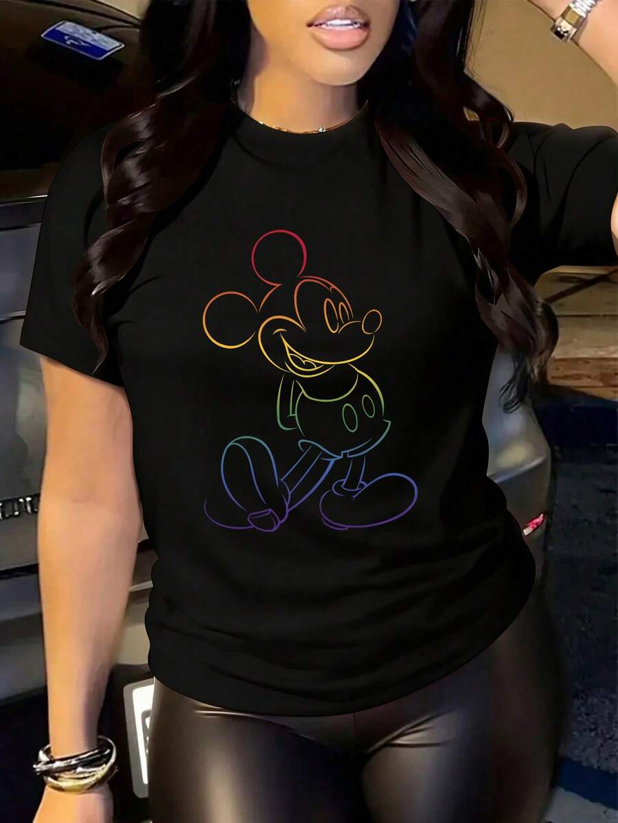 Disney Unisex Casual Round Neck Short Sleeve T-Shirt With Colorful Gradient Mickey Mouse Graphic Print, Men's Sizes Suitable For The Whole Family - màu đen - Xem 1