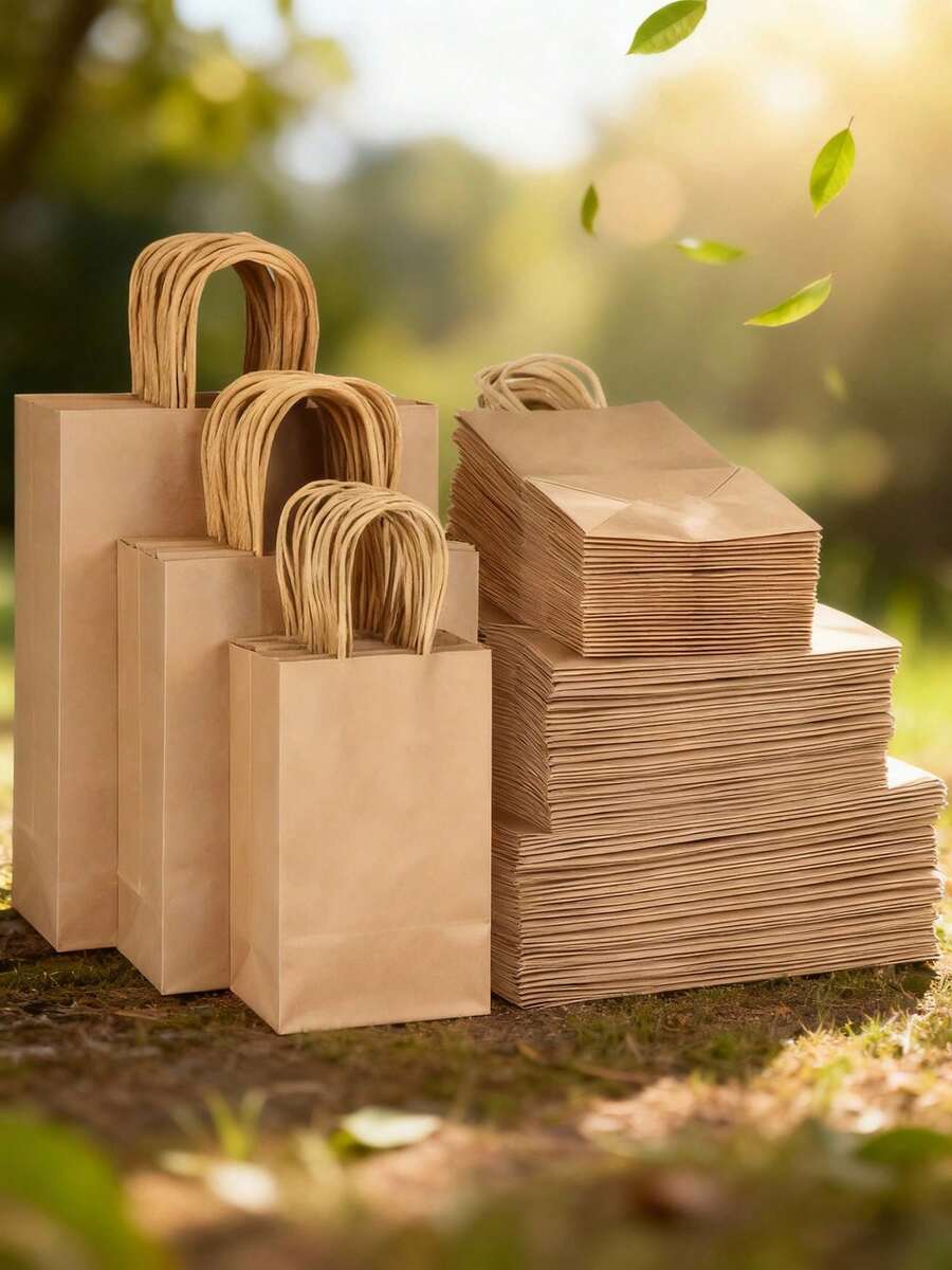 50个纸质礼品袋，尺寸：16x22x8厘米、27x21x11厘米、33x25x12厘米，白色/卡其色牛皮纸袋，可重复使用，适用于生日、派对、婚礼、送礼等场合。