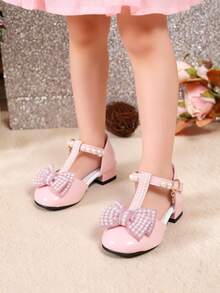 1 đôi sandal công chúa mùa hè mới kiểu Châu Âu và Mỹ cho trẻ em, sandal da mini quai chữ T đính nơ ngọc trai. - Hồng - Xem 1