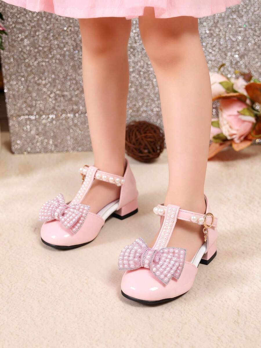 1 đôi sandal công chúa mùa hè mới kiểu Châu Âu và Mỹ cho trẻ em, sandal da mini quai chữ T đính nơ ngọc trai. - Hồng - Xem 1
