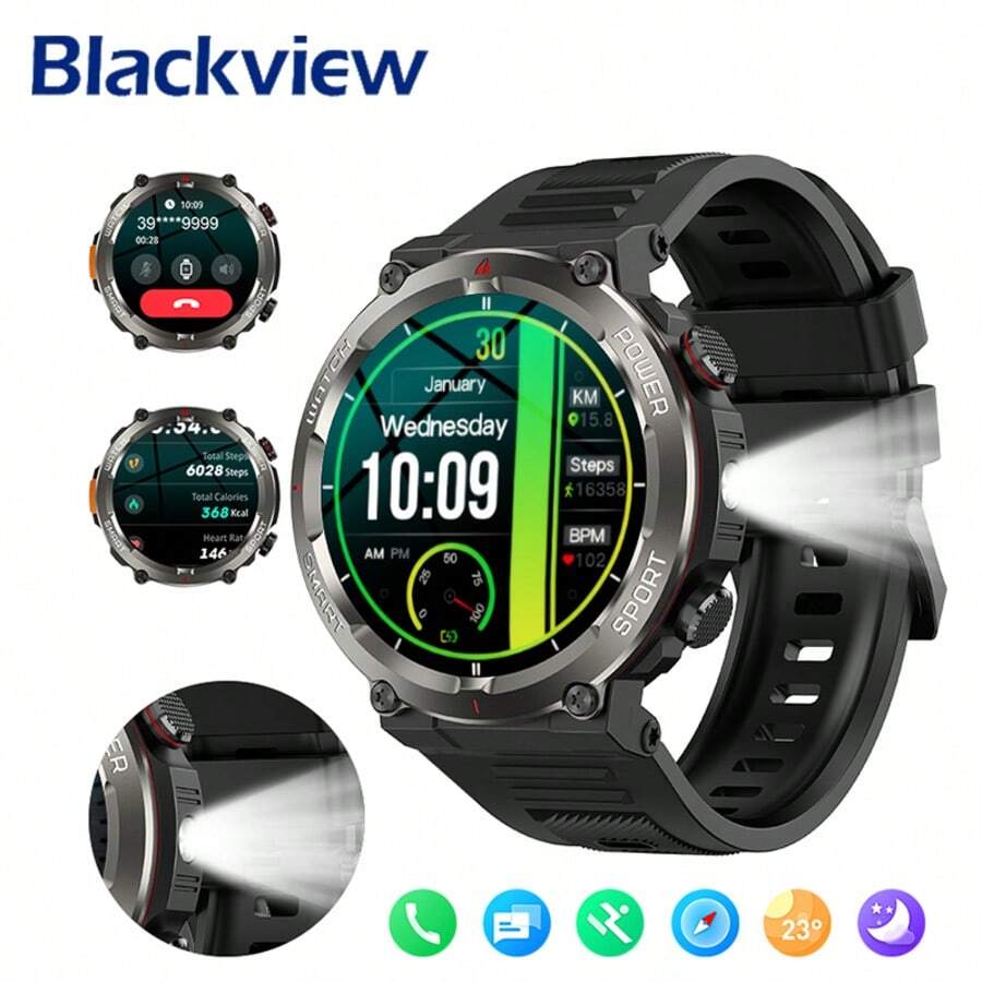1.45" HD Touch Screen Smart Watch For Men With Flashlight, Bluetooth Call, SOS, Heart Rate, Sleep Monitoring, Pedometer, Calorie & Blood Pressure Tracking, 100-Day Battery Life, IP67 Waterproof, Ideal Gift