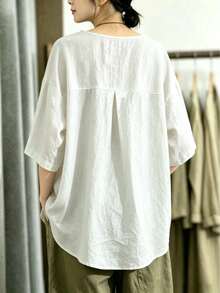 Women's Casual Everyday Simple Solid Color V-Neck Button Front Loose Blouse White Summer - White - View 3